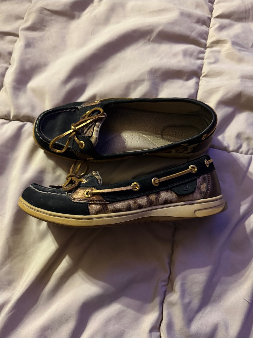 Sperry Black, Tan, & Gold W/ Animal Print Moccasin Loafers